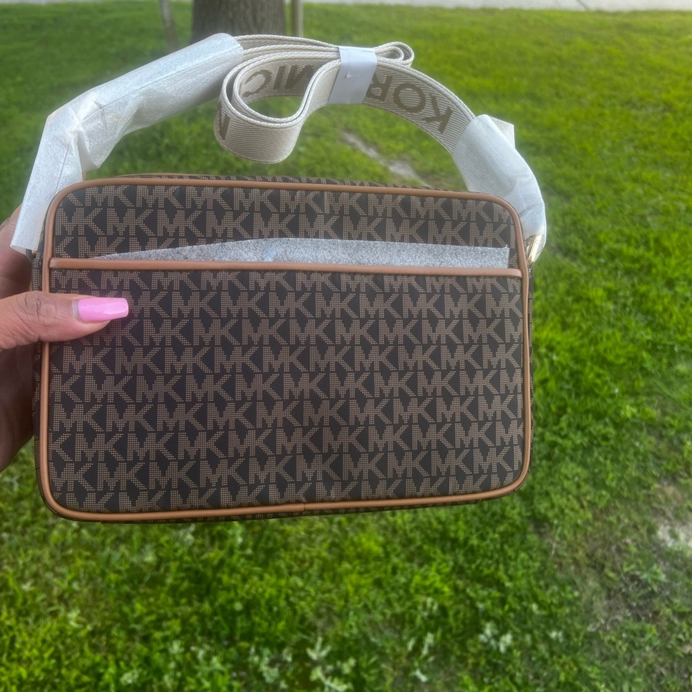 Michael Kors Brown MK Logo Messenger Bag with Tan Trim
